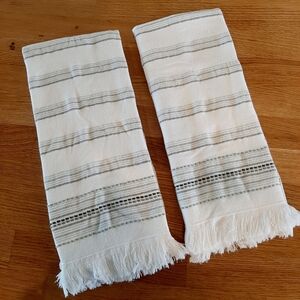 Striped White and Sage Fringed Hand Towels - Two